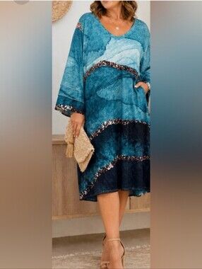 Teal Wave V‑Neck Midi Dress